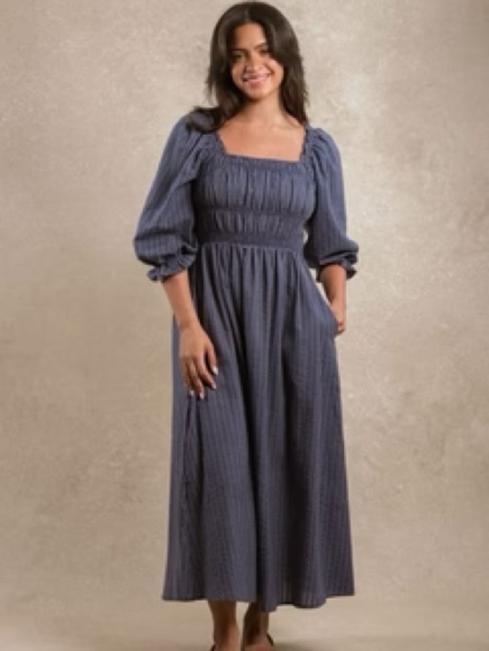 NWOT NEUFLORA DRESS Square-Neck Smocked Maxi Dress in Slate Blue